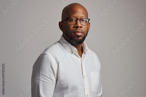 Professional African-American businessman of middle age, in casual office style and strict glasses, gray empty background, copy space - executive manager, proud lawyer, businessman leader photo
