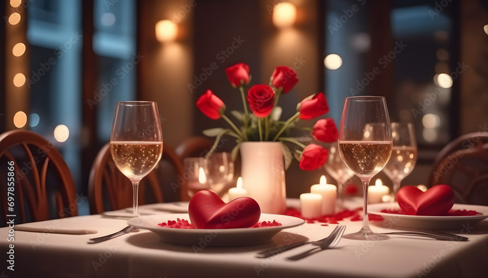 Valentine's Day dinner at a romantic restaurant dinner table setting created with generative ai