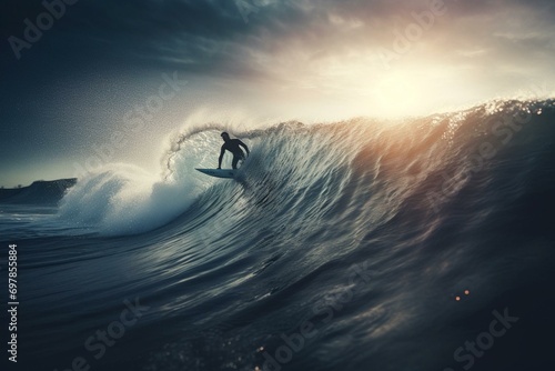 Surfer ride on surfboard at ocean wave. Generative AI