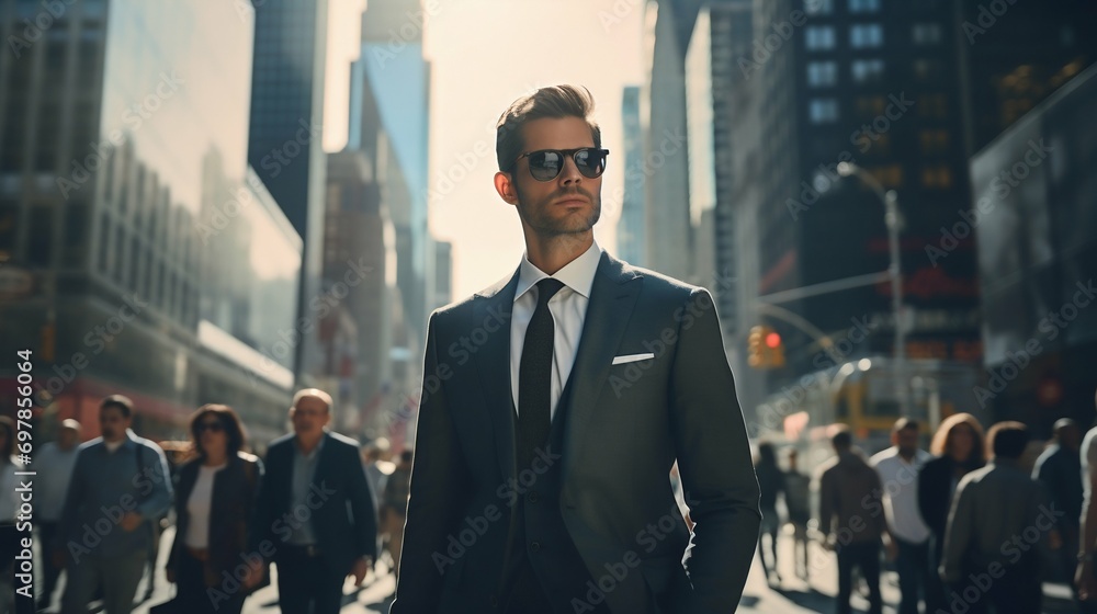 Fototapeta premium Confident Businessman Walking in the City. Generative ai