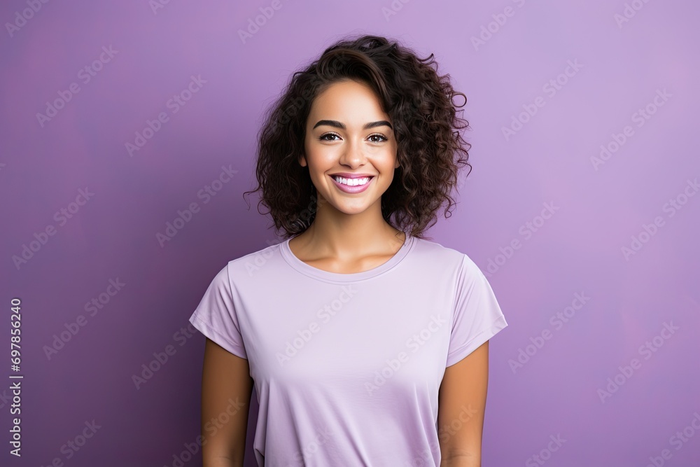 Young Woman Smiling and Wearing a Blank Purple T-shirt Standing in Front of a Violet Background, Print on Demand Template, Fashion Portrait, People Wearing Clothing with Print Copy Space Young Woman Smiling and Wearing a Blank Purple T-shirt Standing in Front of a Violet Background, Print on Demand Template, Fashion Portrait, People Wearing Clothing with Print Copy Space