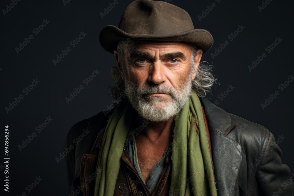 Portrait of an old man wearing a hat and scarf. Studio shot. Portrait of an old man wearing a hat and scarf. Studio shot.