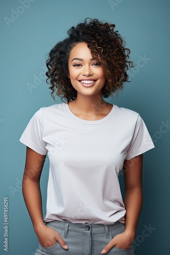 Young Female Model Smiling and Wearing a Blank T-shirt Standing in Front of a Blue Background, Print on Demand Template, Fashion Portrait, People Wearing Clothing with Print Copy Space