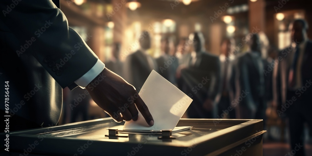 Businessman Casting Vote in Ballot Box at Event. Generative ai - obrazy, fototapety, plakaty 