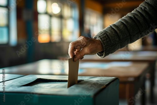 Businessman Casting Vote in Ballot Box at Event. Generative ai