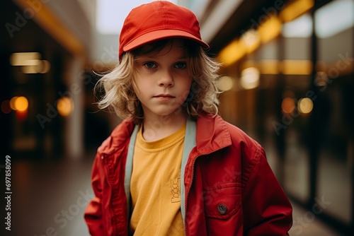 Portrait of a little boy in a red cap and a red jacket.