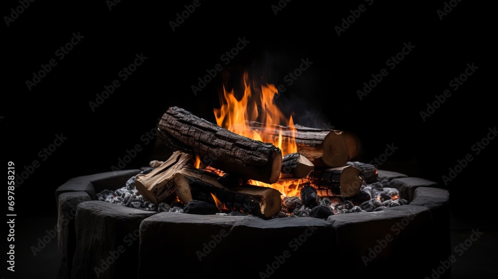 A fire pit with logs and flames on a black background. Fire flames on ...
