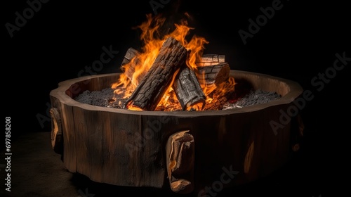 A fire pit with logs and flames on a black background. Fire flames on black background. For art work design, banner or backdrop. Flames against a black background. Fire concept. dangerous concept. Art