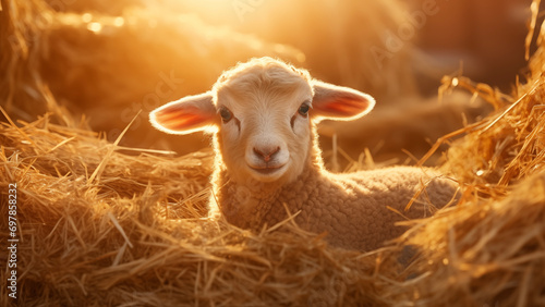 Golden Sunset over a Stable with a Newborn Lamb on Straw