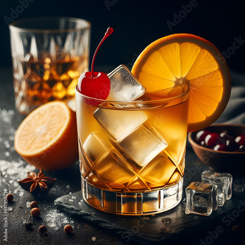 Whiskey sour cocktail with garnish served on the rocks photo
