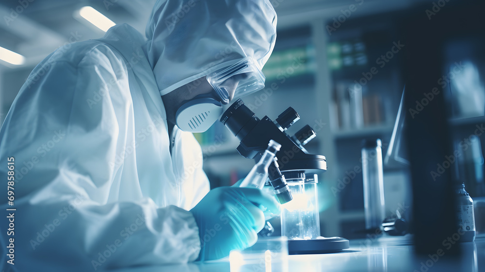 Photograph of a scientist testing chemicals in a test tube in a laboratory, wearing a chemical protective suit, microscope. Photograph of a scientist testing chemicals in a test tube in a laboratory, wearing a chemical protective suit, microscope.