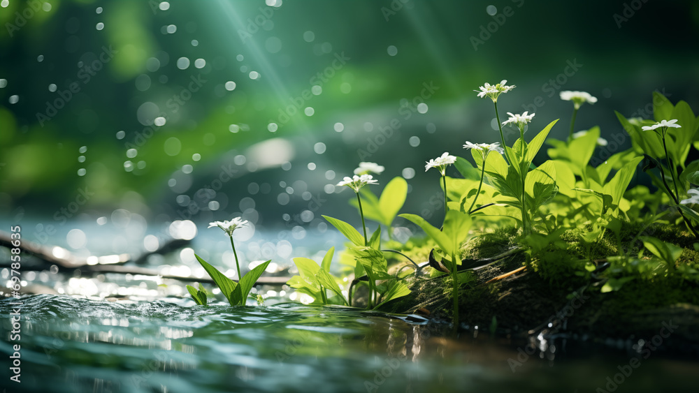 Macro Photography of Stream, Green Leaves, Flowers, and Sunlight in Spring Macro Photography of Stream, Green Leaves, Flowers, and Sunlight in Spring