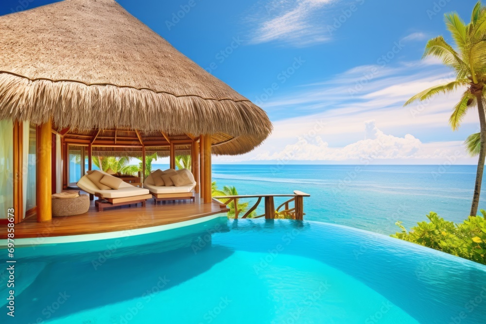 Swimming pool in luxury villa on tropical beach. 3d rendering