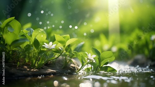 Spring Stream with Green Leaves, Flowers, and Sunlight in Macro View