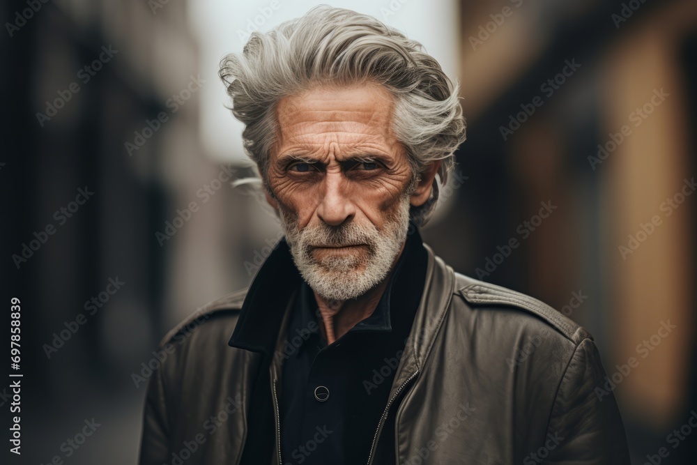 Portrait of an old man with grey hair and beard in a black leather jacket.