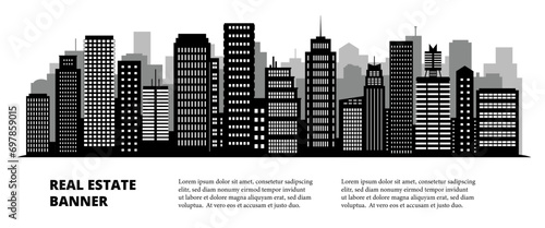 Real estate banner with urban cityscape, black buildings and gray silhouettes on transparent background, editable stand alone buildings for your design, copy space