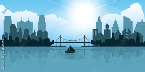 Urban Summer landscape with city skyline, blue sunny sky with clouds, blue sea and bridge between two city parts. 