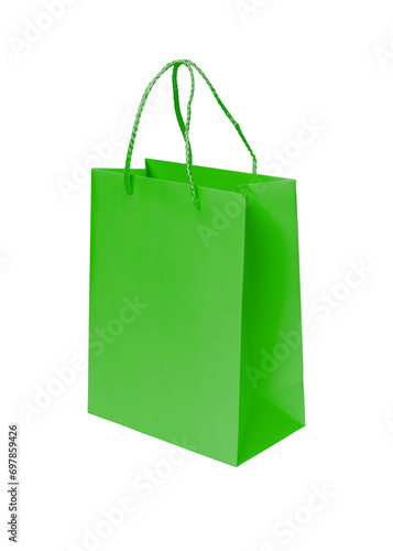 Green paper shopping bag on a transparent background or PNG file. Clipping path. Shopping sale delivery concept