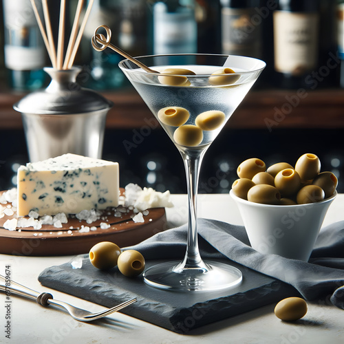 Martini garnished with blue cheese and olives