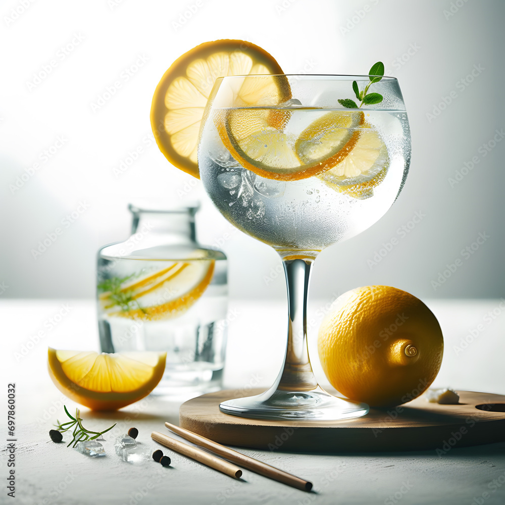 Gin and tonic garnished with a lemon - obrazy, fototapety, plakaty 