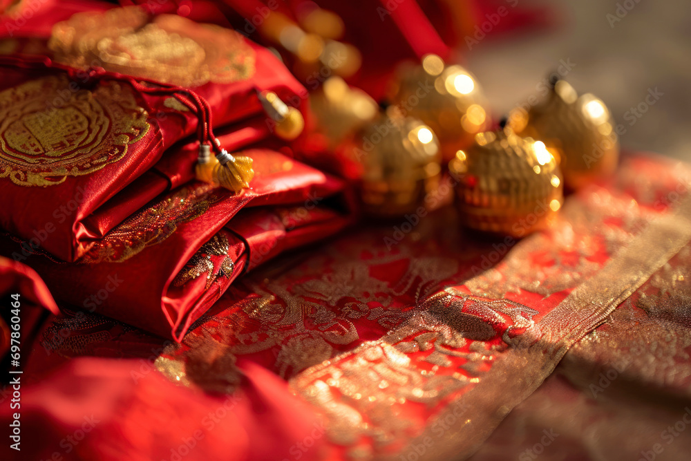 Red envelopes and gold ingots, an elegant display of red envelopes and
