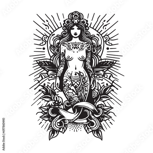 the girl with a tattoo, body and flowers, tattoo pattern, tattoo art, illustration, white background © black art