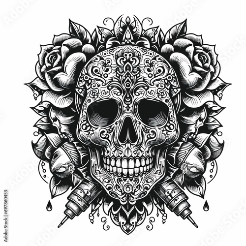 skull and crossbones, tattoo pattern, tattoo art, illustration, white background