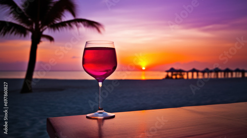 Red drink on ocean beach, impressive sunset © Kondor83