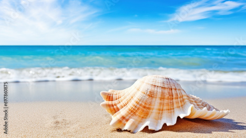 Sea shell on white sand  pristine tropical beach in the afternoon