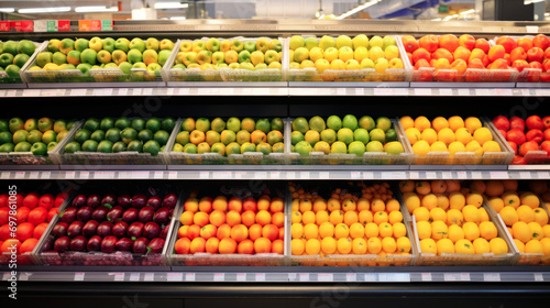 Shelf with fruits in food supermarket