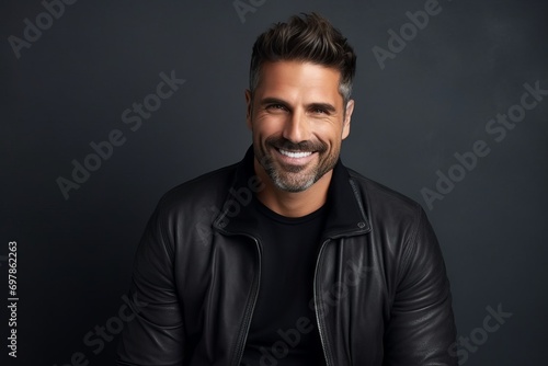 Portrait of a handsome middle-aged man wearing a black leather jacket and smiling at the camera.