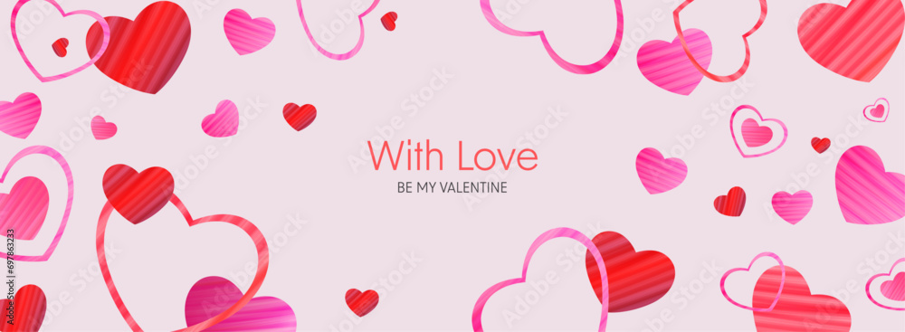 © ArtLina - Happy Valentines Day banner or poster. Trendy design with colorful hearts and pink background. Valentine's day concept for greeting card, celebration, ads, branding, cover, label, sales.