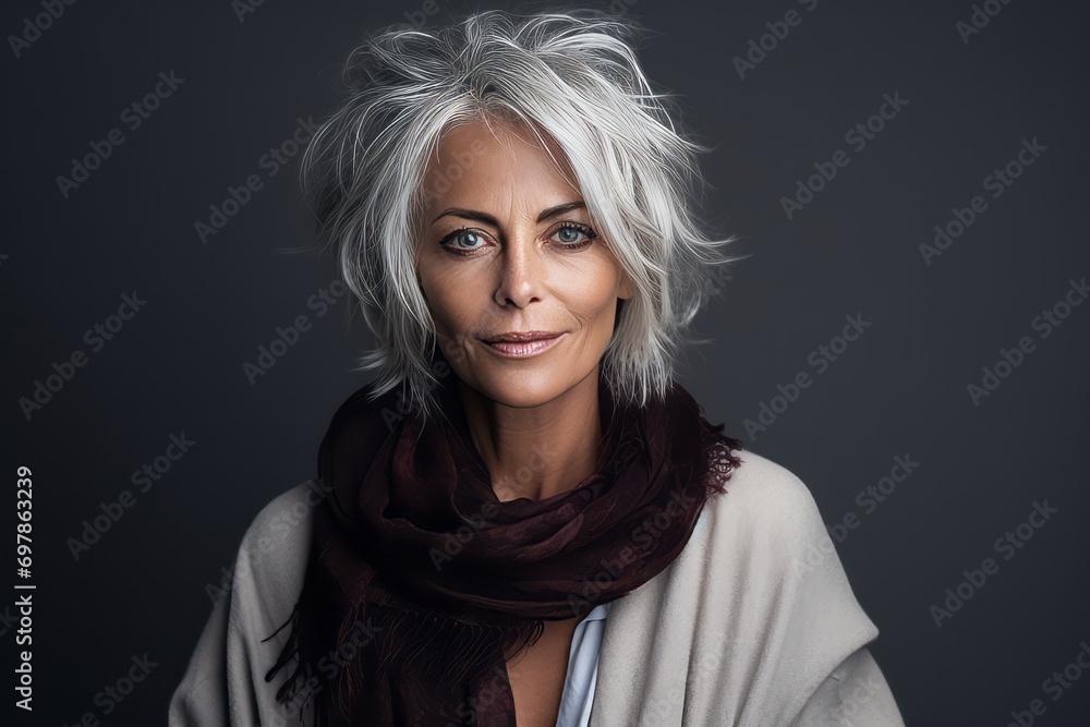 Portrait of a beautiful middle aged woman with short white hair wearing a scarf. Portrait of a beautiful middle aged woman with short white hair wearing a scarf.