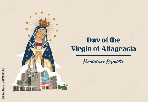 VECTORS. Editable banner for the Day of the Virgin of Altagracia in Dominican Republic. Religious celebration, Basilica, church