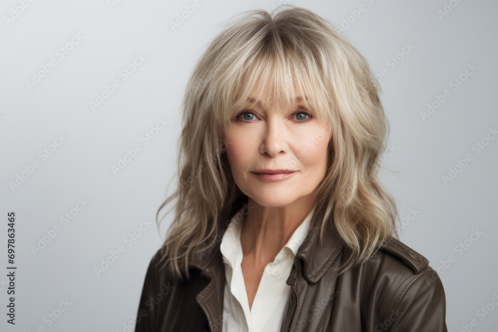 Portrait of a beautiful mature woman in a leather jacket on a gray background Portrait of a beautiful mature woman in a leather jacket on a gray background