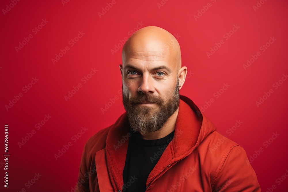 Portrait of a bald man in a red jacket on a red background.