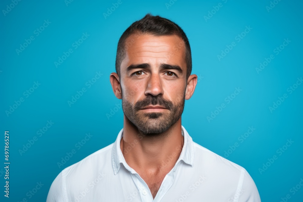 Handsome man with beard and mustache looking at camera on blue background Handsome man with beard and mustache looking at camera on blue background
