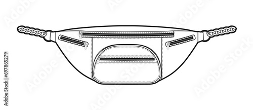 Bum Bag silhouette. Fashion accessory technical illustration. Vector satchel front 3-4 view for Men, women, unisex style, flat handbag CAD mockup sketch outline isolated