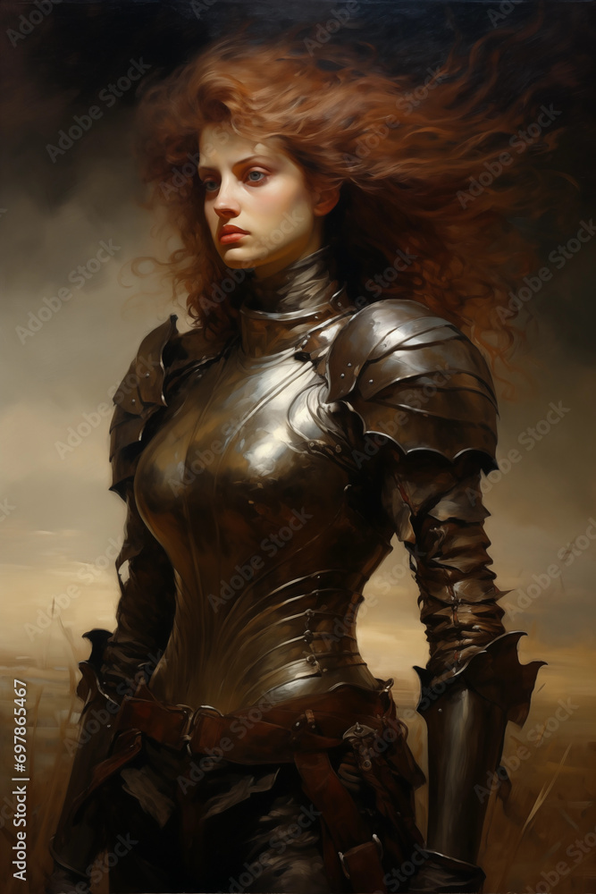 very beautiful red haired female warrior wearing brown