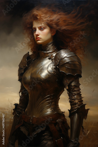 very beautiful red haired female warrior wearing brown