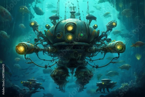 Underwater robots in sci-fi world with fantastical sea creatures in a deep-sea biomechanical landscape. Generative AI