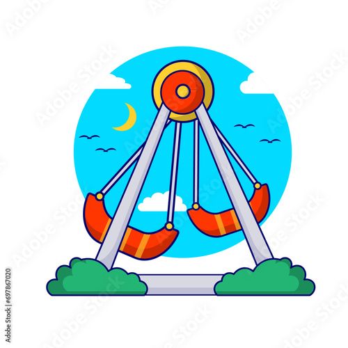 night market swing building with blue sky, bird, icon, isolated white illustration