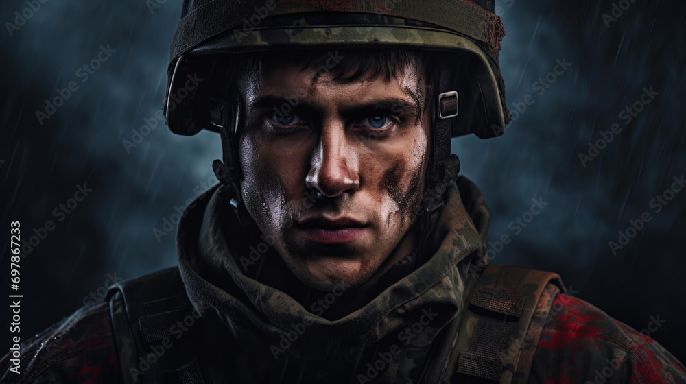 The image of a soldier with a tense face expressing determination