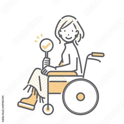 車椅子を使用する若い女性　シンプルでお洒落な線画イラスト