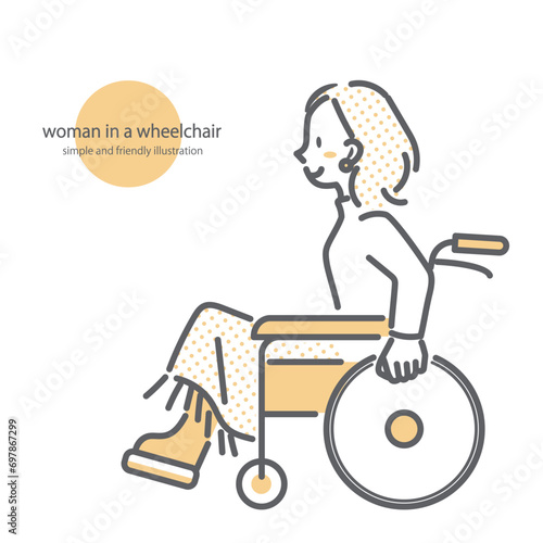 車椅子を使用する若い女性　シンプルでお洒落な線画イラスト