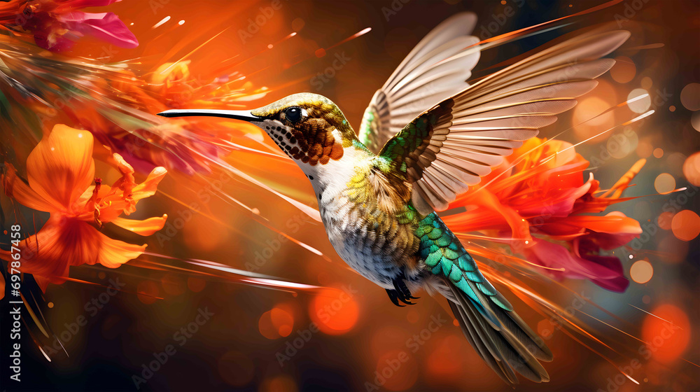 Hummingbird's Dance in Fiery Blooms - obrazy, fototapety, plakaty 