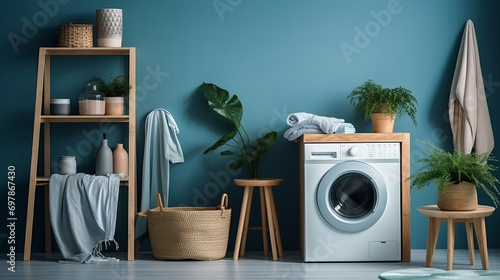 Washing machine, shelving unit, houseplants and pouf near blue wall. Shelf concept. Laundry concept. Washer concept. Housework concept. Bathroom concept. Interior concept. Design concept. Background