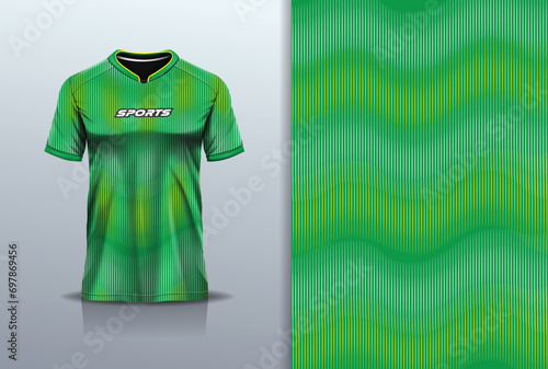 T-shirt mockup with abstract sound wave pattern sport jersey design for football, soccer, racing, esports, running, in green color 