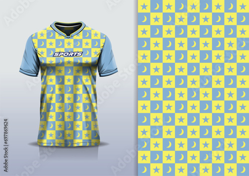 T-shirt mockup with abstract checkerboard star moon pattern sport jersey design for football, soccer, racing, esports, running, in yellow color 
