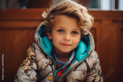 Portrait of a cute little boy with blond hair in a warm jacket